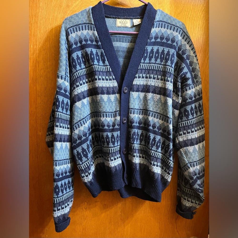 The Men's Store Blue Cardigan Sweater with Nordic Patterns